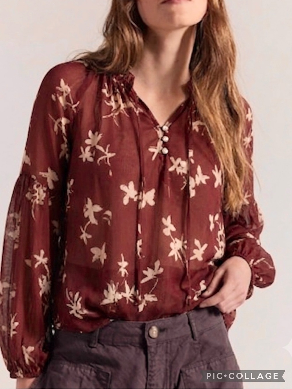 Lovestitch Burgundy Floral Sheer Bishop Sleeve Top NWT S Cottagecore